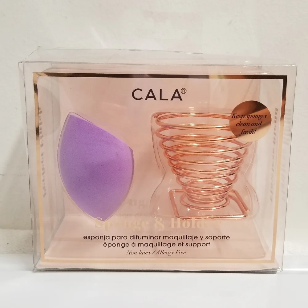 CALA Purple Pro Blender Makeup Sponge & Gold-tone Holder Stand NIB